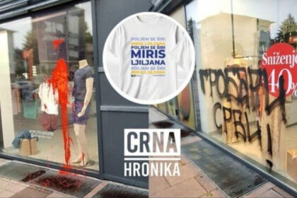 Doboj: Izlog prodavnice išaran grafitima i poliven bojom nakon postavljanja majice podrške reprezentaciji BiH