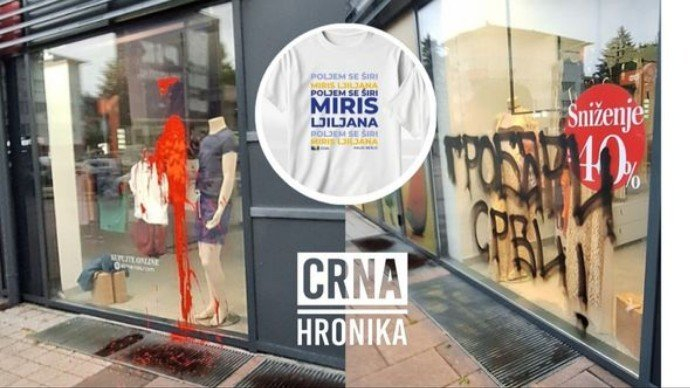 Doboj: Izlog prodavnice išaran grafitima i poliven bojom nakon postavljanja majice podrške reprezentaciji BiH