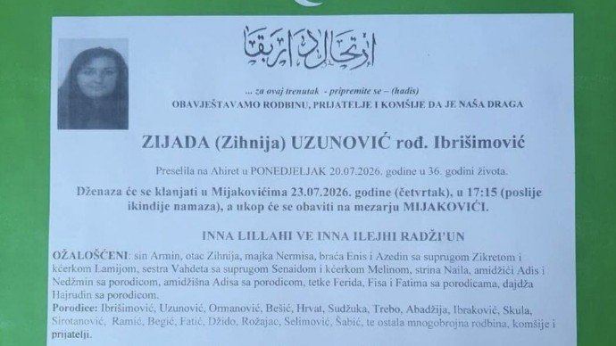 Poznat termin dženaze Zijadi Uzunović koju je Amir izbo na smrt